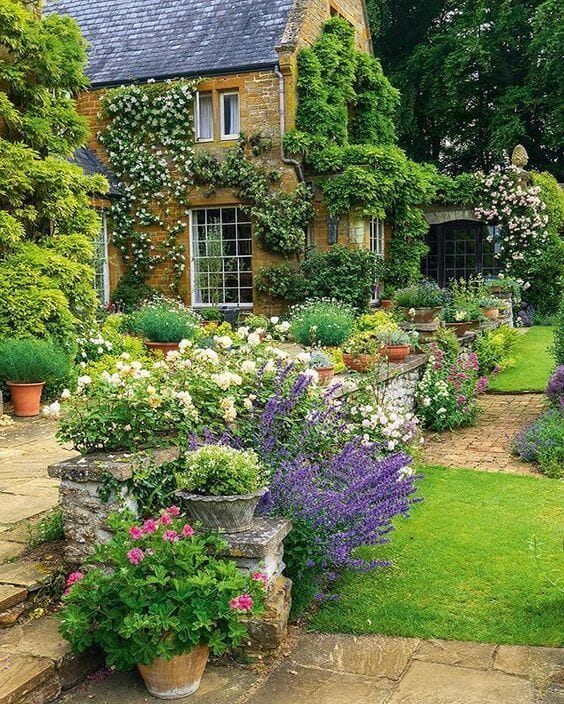 Lush flower landscape design featuring terraced beds of vibrant roses and lavender, arranged along a stone path to a quaint cottage.