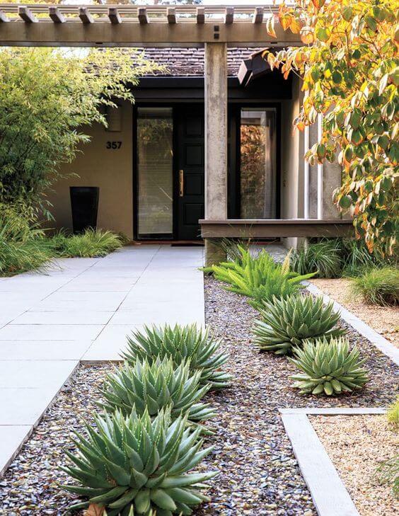 Succulent garden design features agave plants arranged along grey pavers, complemented by gravel for drainage and a wooden pergola for shade.