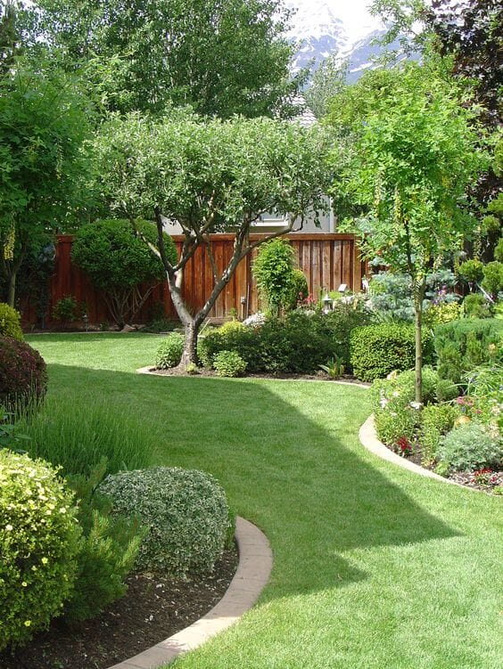 Well-maintained lawn with curved flower beds and ornamental shrubs. Mature trees provide shade, enhancing a budget-friendly backyard design.