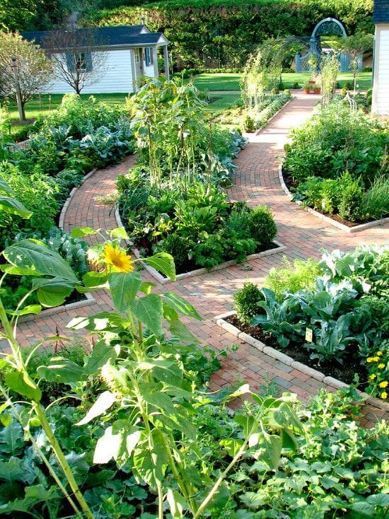 Well-organized flower garden design with winding brick pathways, raised beds, and diverse plantings, enhancing aesthetics and accessibility.