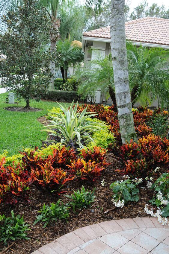 Curved garden bed with tropical plants featuring red, orange, and green foliage, bordered by a brick paver path for landscape curbing.