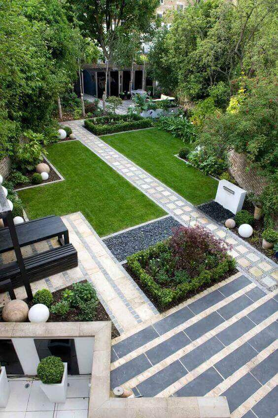 Meticulously designed DIY garden layout with a central lawn, gravel pathways, and lush greenery, promoting biodiversity and aesthetic appeal.
