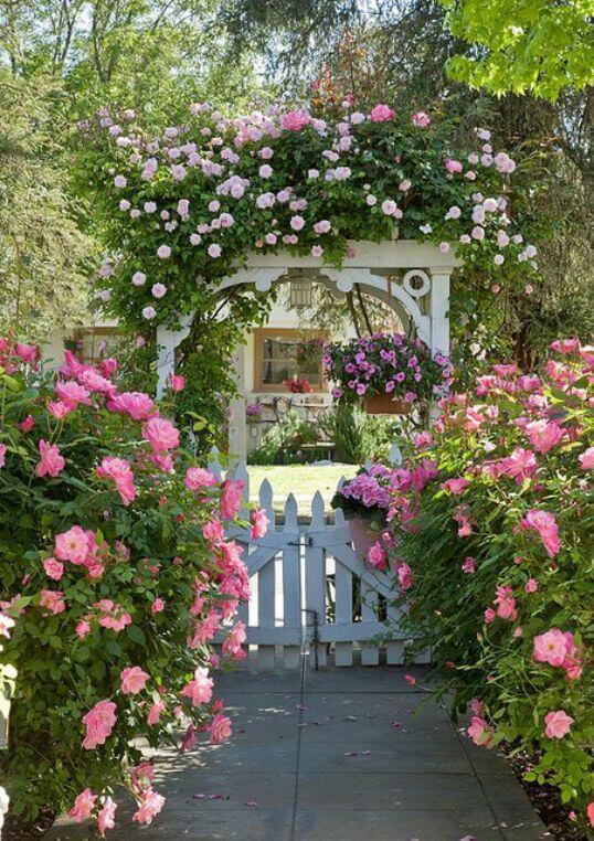 A white wooden garden gate adorned with climbing roses, flanked by pink flowering plants along a concrete pathway leading to a lush lawn.