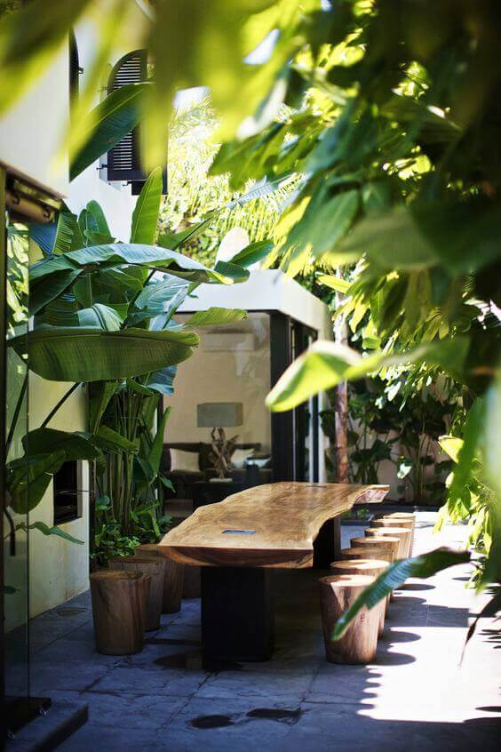 A live edge dining table in a tropical setting, featuring a light wood grain and black base, surrounded by lush greenery and wooden stools.