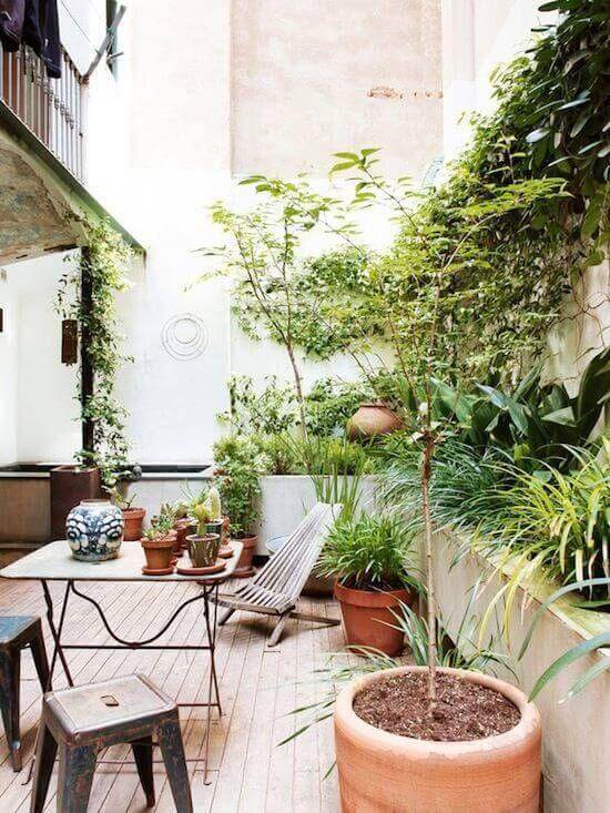 Compact urban garden with wooden decking, potted plants, and cozy seating, featuring a vertical garden wall for greenery.
