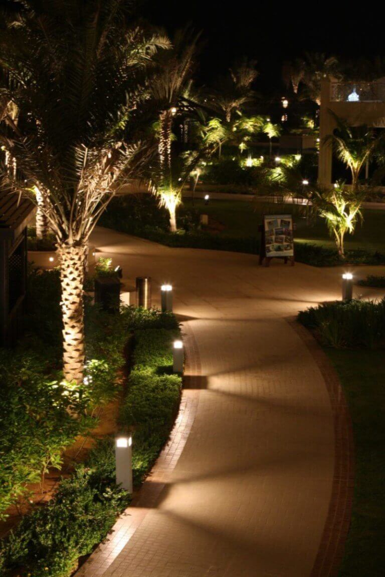 Well-lit pathway featuring smooth interlocking pavers, lined with palm trees and softscape, enhanced by low-energy pathway lights for ambiance.
