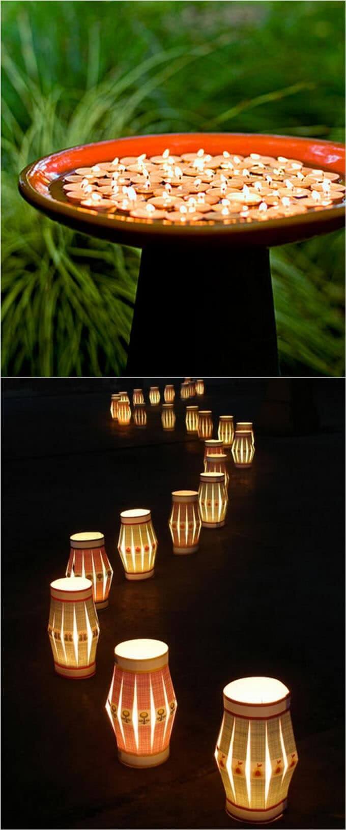 Tranquil pathway lighting features decorative lanterns with paper shades, illuminating a serene trail beside a floating candle basin.