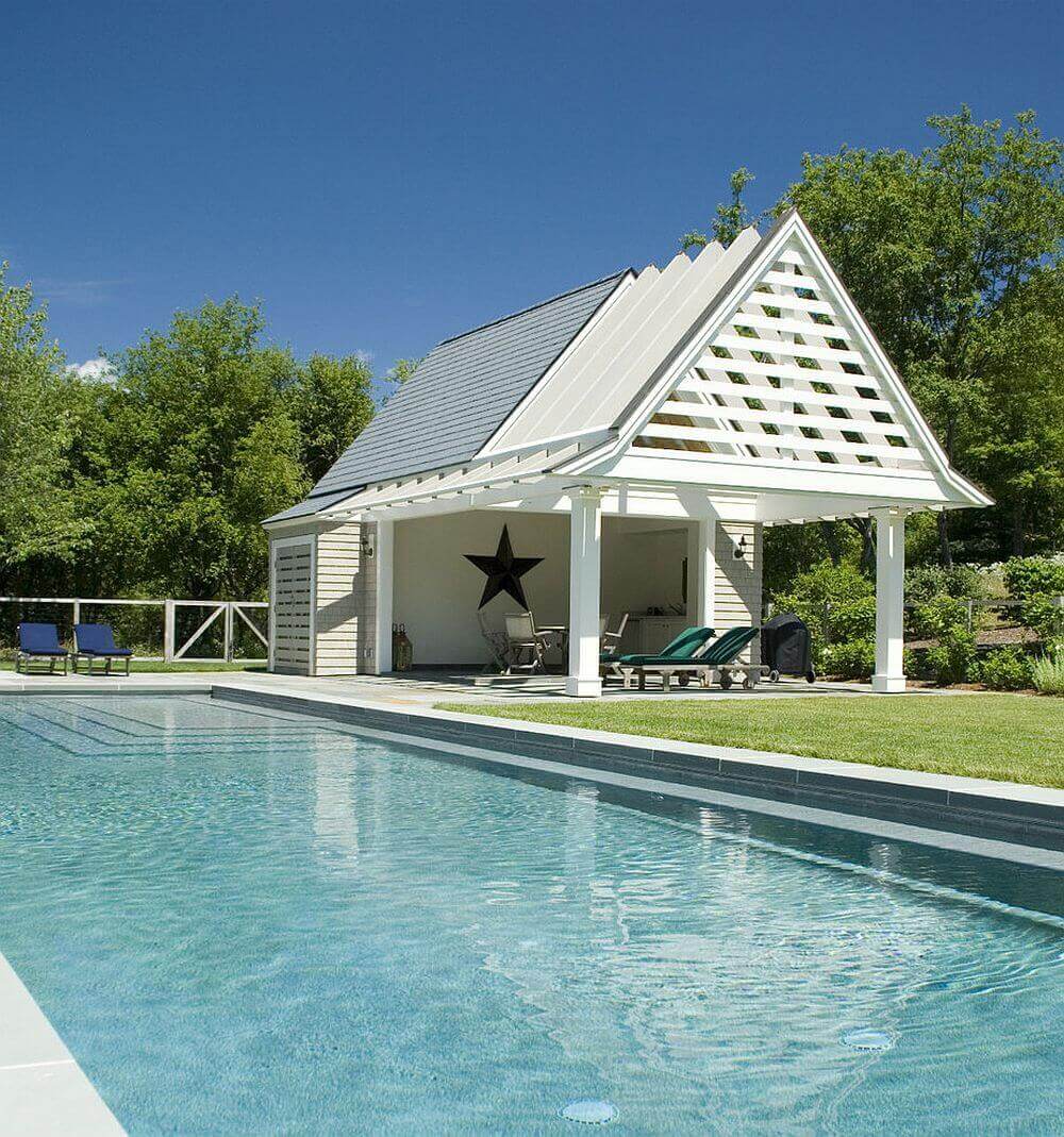 A backyard pool house may contain a lounging or relaxing area, an outdoor kitchen, a swimming pool bar, an outdoor living room, a room to store towels and pool accessories, a swimming pool support with tools, a guest house, or any other kind of pool complementing room!
