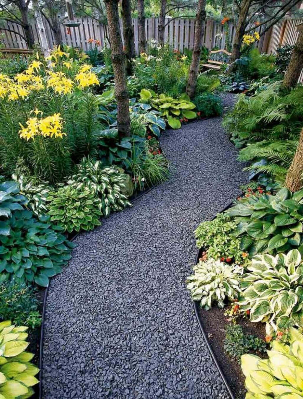 A winding gravel pathway, 1.5 meters wide, surrounded by lush hostas and colorful lilies, enhances the shaded garden's curb appeal.