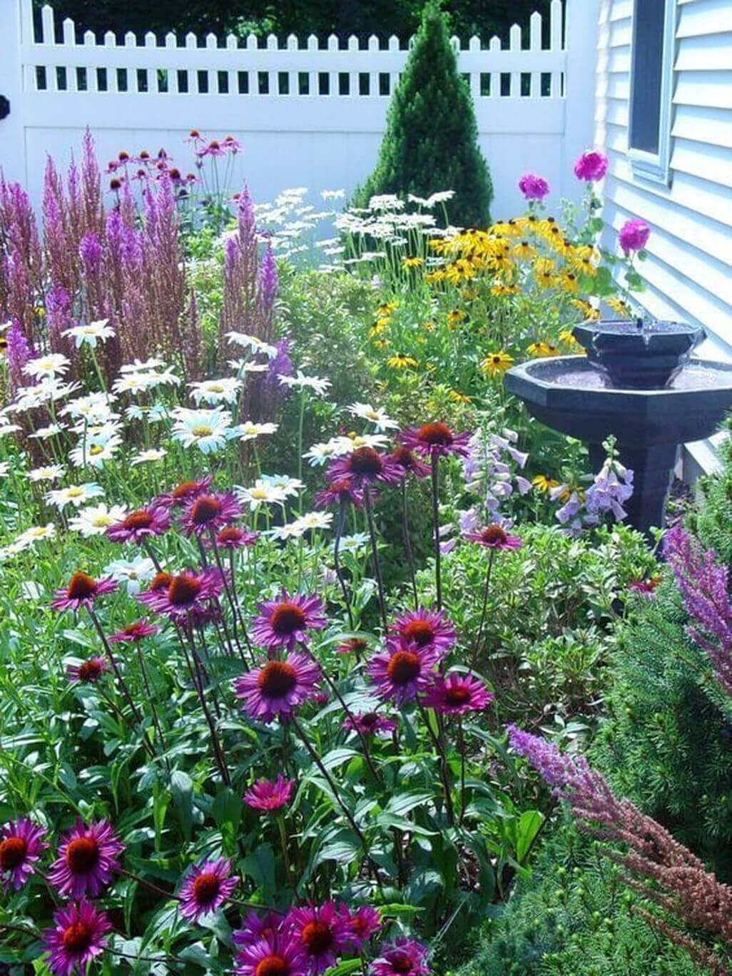 Vibrant flower bed featuring purple coneflowers, daisies, and asters, surrounded by a white picket fence and a central black stone fountain.