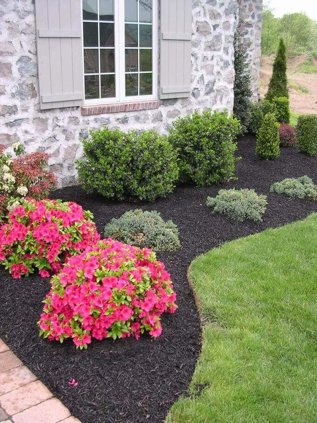 Curated flower bed design showcasing vibrant pink azaleas and rounded boxwoods, layered along a mulch path for color and texture.