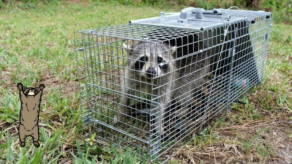 Photo of a raccoon trapped inside a cage to be relocated.
