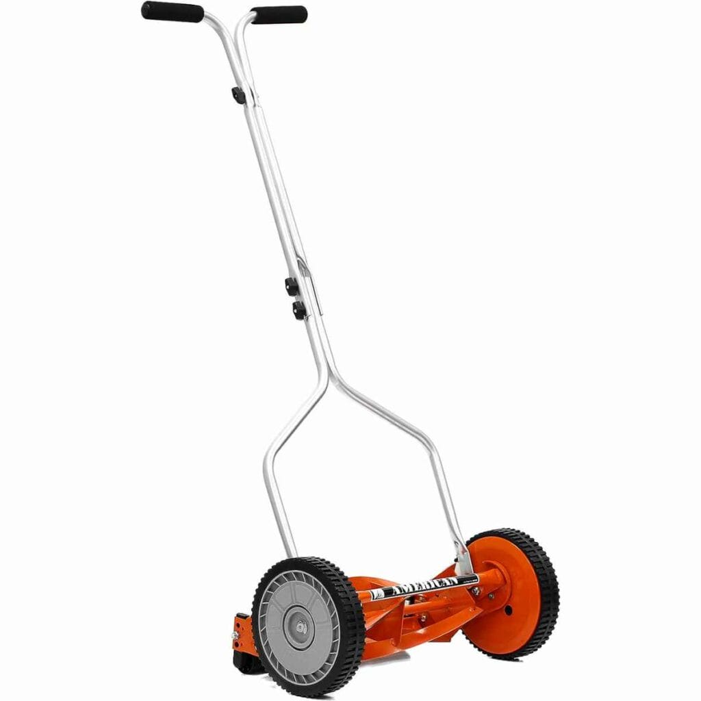 Photo of an orange and silver American Lawn Mower Company 14-Inch 4-Blade Push Reel Lawn Mower on a white background.