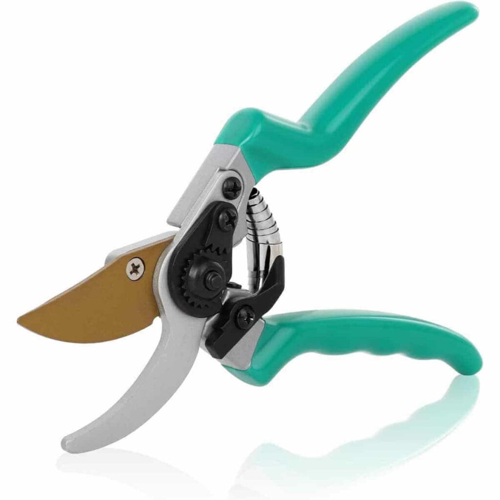 Photo of a silver and green with a golden blade RESTMO Pruning Shears on a white background.
