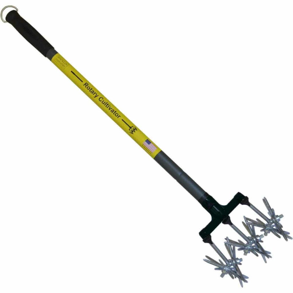 Photo of a black and yellow Rotary Cultivator Tool 60” Extra Long Handle Reinforced Tines - Reseeding Grass or Soil Mixing on a white background.