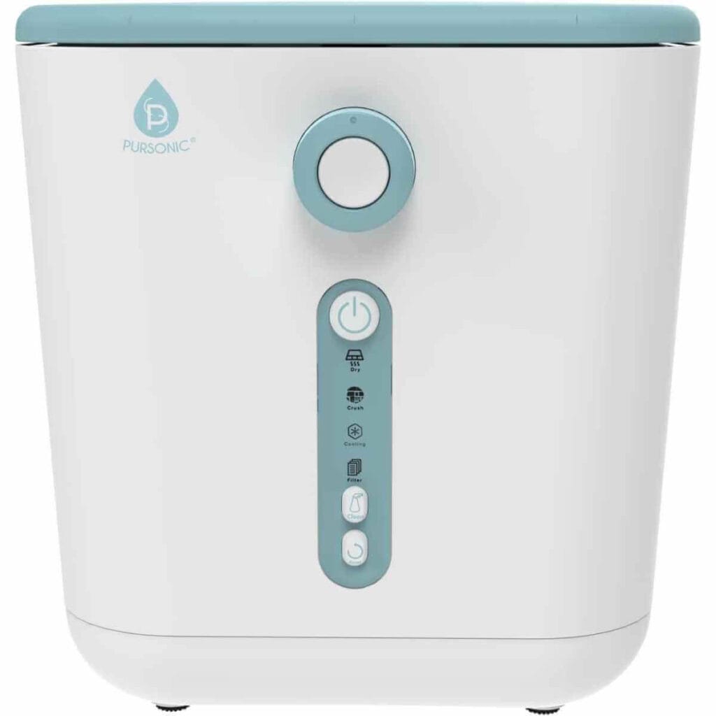 Photo of a white with blue accents Pursonic Compost Bin Kitchen Trash Can Electric Recycling Bin on a white background.