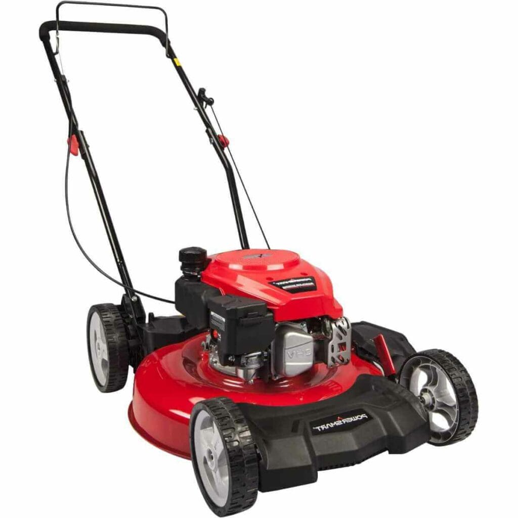 Photo of a red and black PowerSmart 21 in. 144cc 2-in-1 Walk-Behind Gas Lawn Mower on a white background.