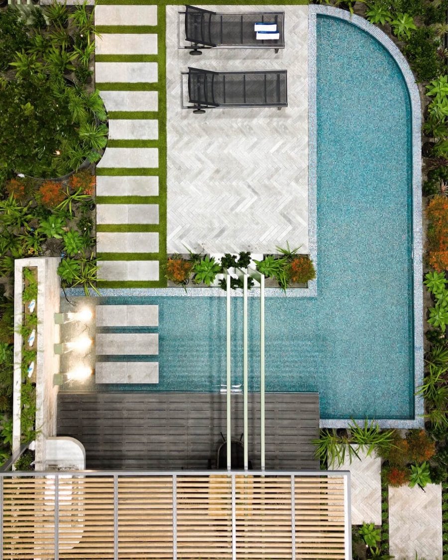 Modern backyard landscape featuring an 8x4 meter rectangular pool, light gray herringbone pavers, lush tropical plants, and sleek black loungers.