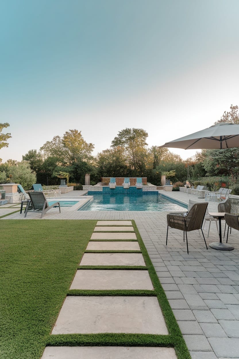 A backyard featuring a pool deck made of pavers with grassy areas, lounge chairs, and a relaxing atmosphere.