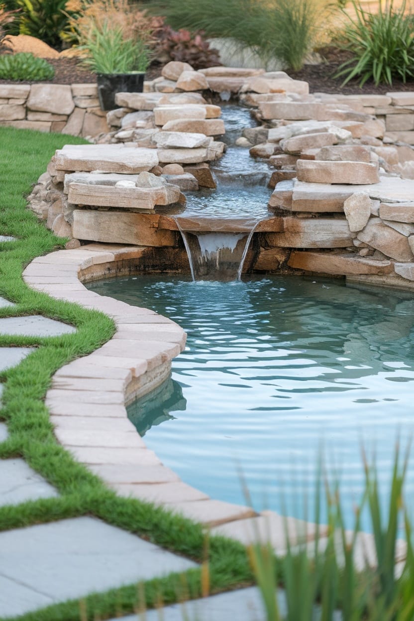 Backyard water feature with grass and pavers, featuring a cascading waterfall into a pool.