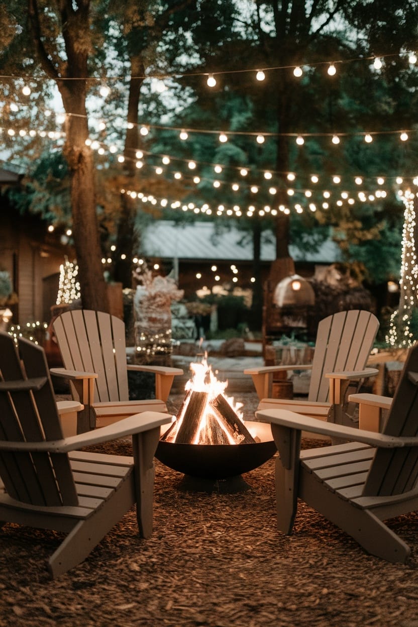 Cozy outdoor gathering area with four Adirondack chairs around a metal fire pit stacked with logs, illuminated by string lights.
