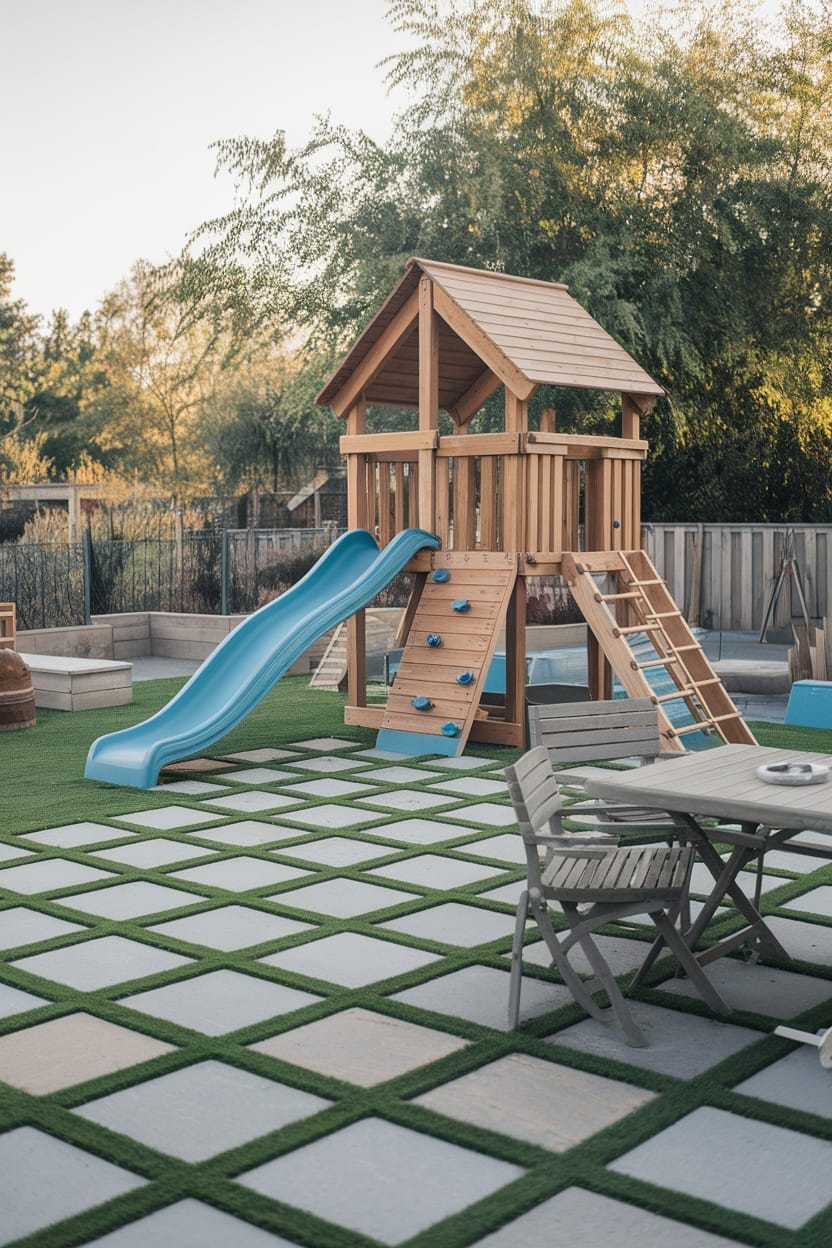 A backyard with grass and soft pavers featuring a wooden play structure and seating area.