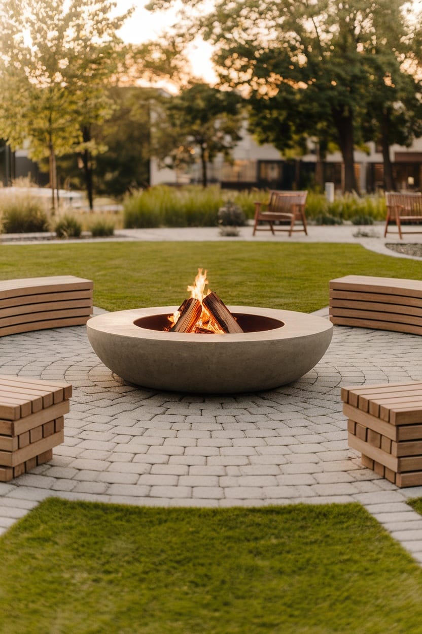 A contemporary fire pit surrounded by grass and pavers in a backyard setting.