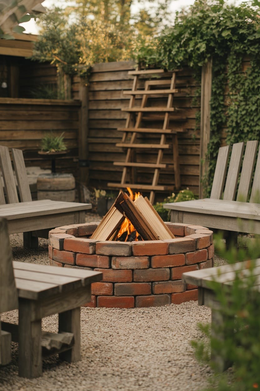 A cozy DIY fire pit made from reclaimed bricks, surrounded by wooden benches in a serene backyard setting.