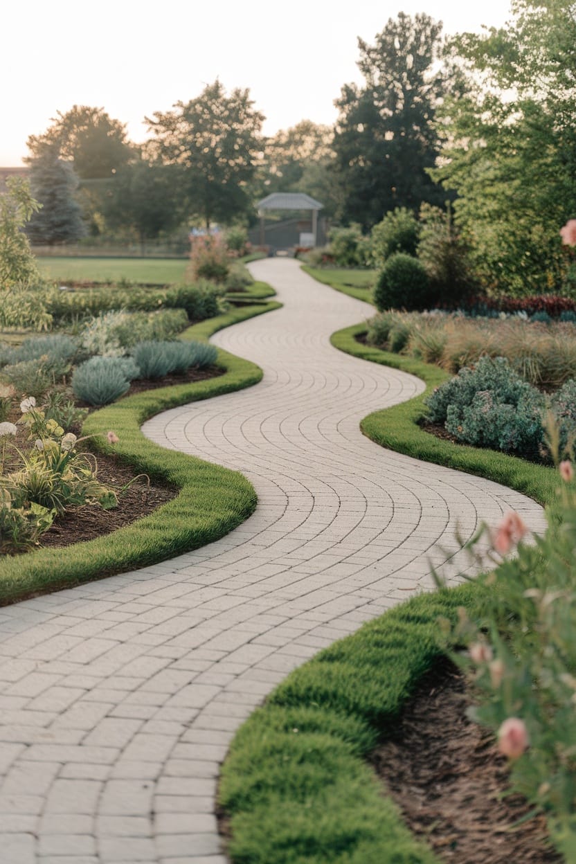 Curved paver pathway lined with grass and plants in a backyard garden