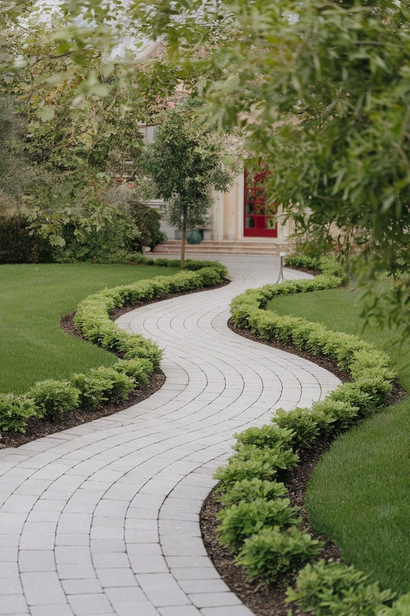 A curved paver walkway bordered by lush green grass and plants, leading to a residential entrance.