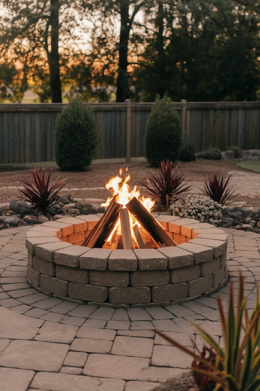 Circular fire pit made of interlocking concrete blocks, surrounded by herringbone-patterned stone seating and ornamental plants.