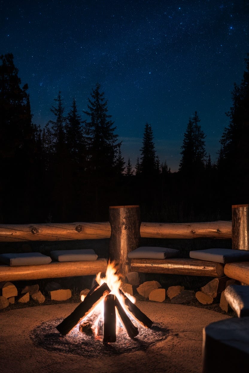 Cozy campfire area with a central fire pit, log benches with cushions, and gravel ground, surrounded by evergreen trees, ideal for gatherings.