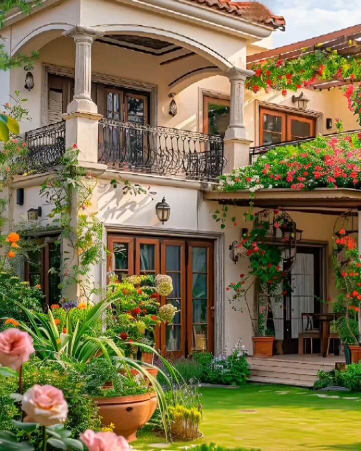 Vibrant flower landscape design featuring symmetrical plantings, ornamental pots, and a central path, enhancing outdoor relaxation and aesthetics.