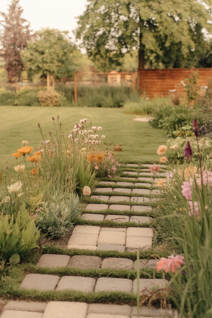 Garden path made of recycled pavers surrounded by blooming flowers and grass.