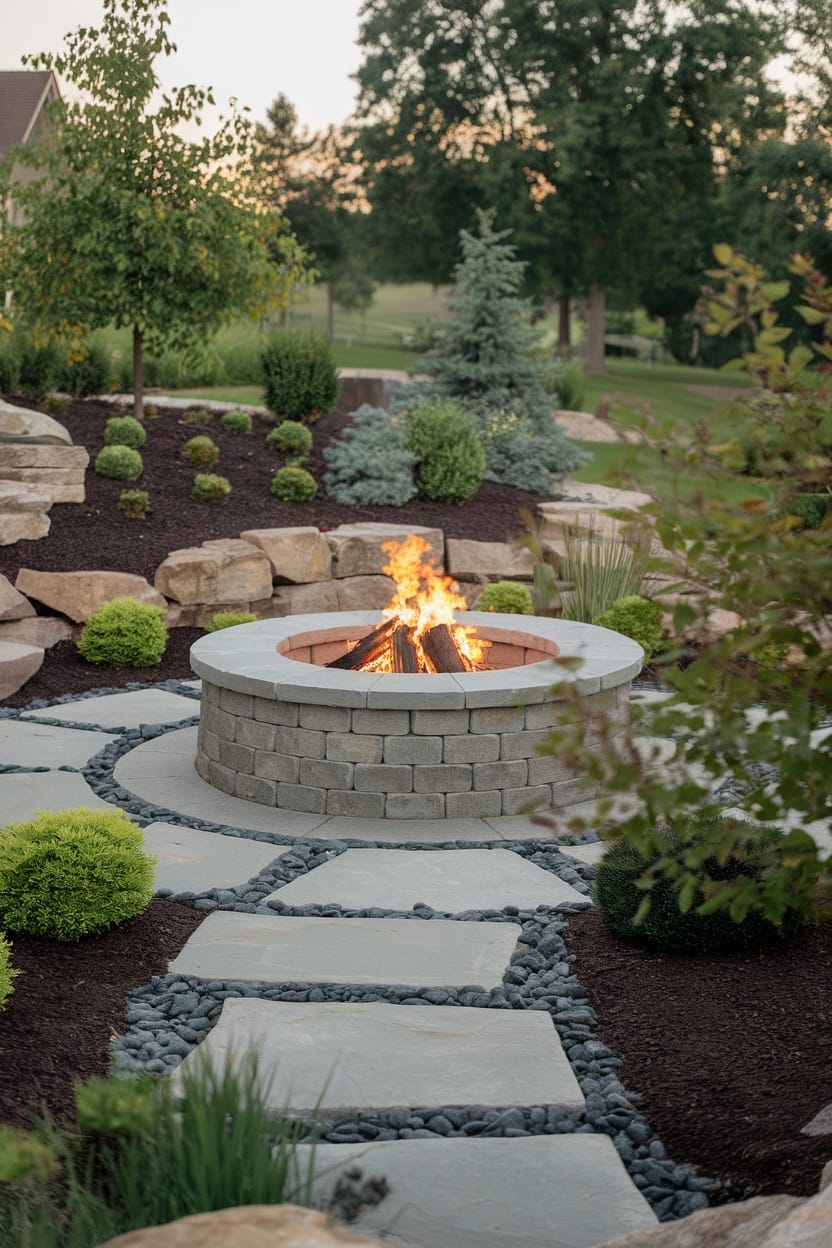 Circular fire pit made of gray cinder blocks, surrounded by a stone pathway and evergreen shrubs, ideal for budget-friendly outdoor gatherings.