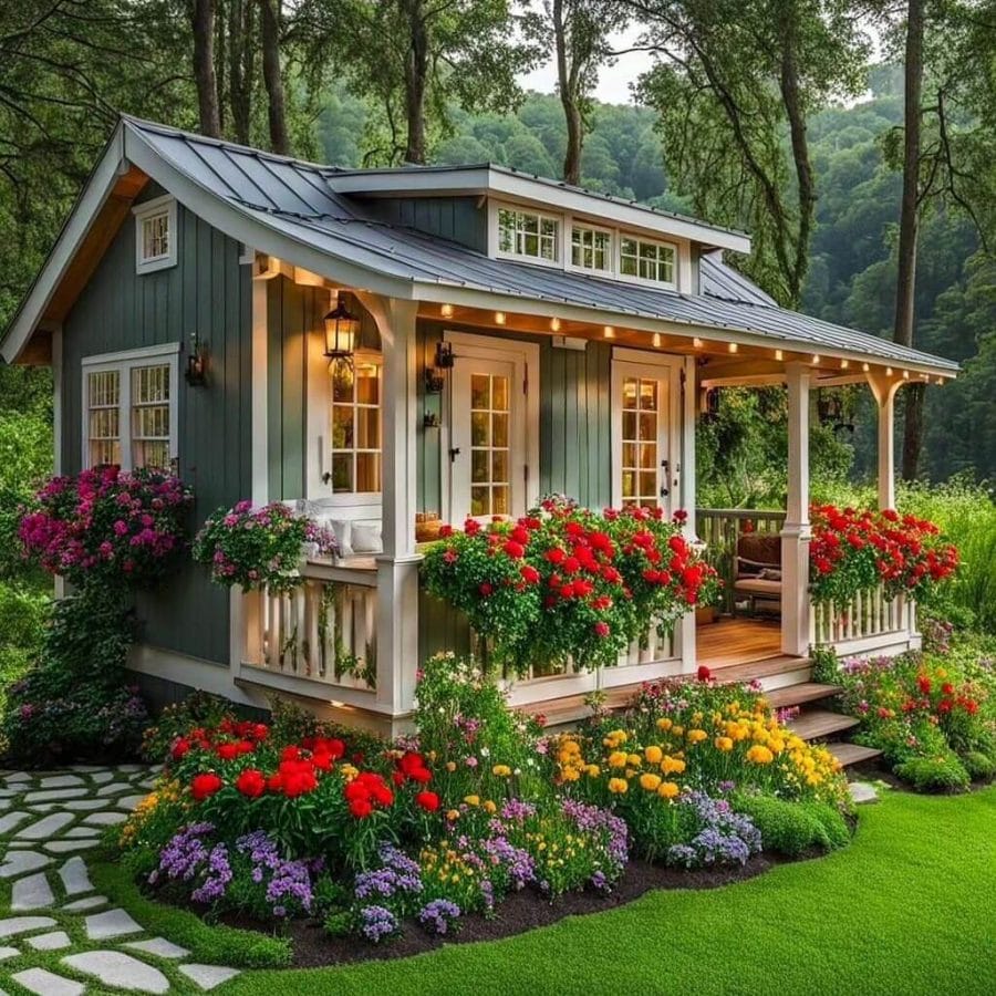 Cottage-style home with a sloped metal roof, surrounded by vibrant red geraniums and yellow marigolds in curvilinear flower beds.