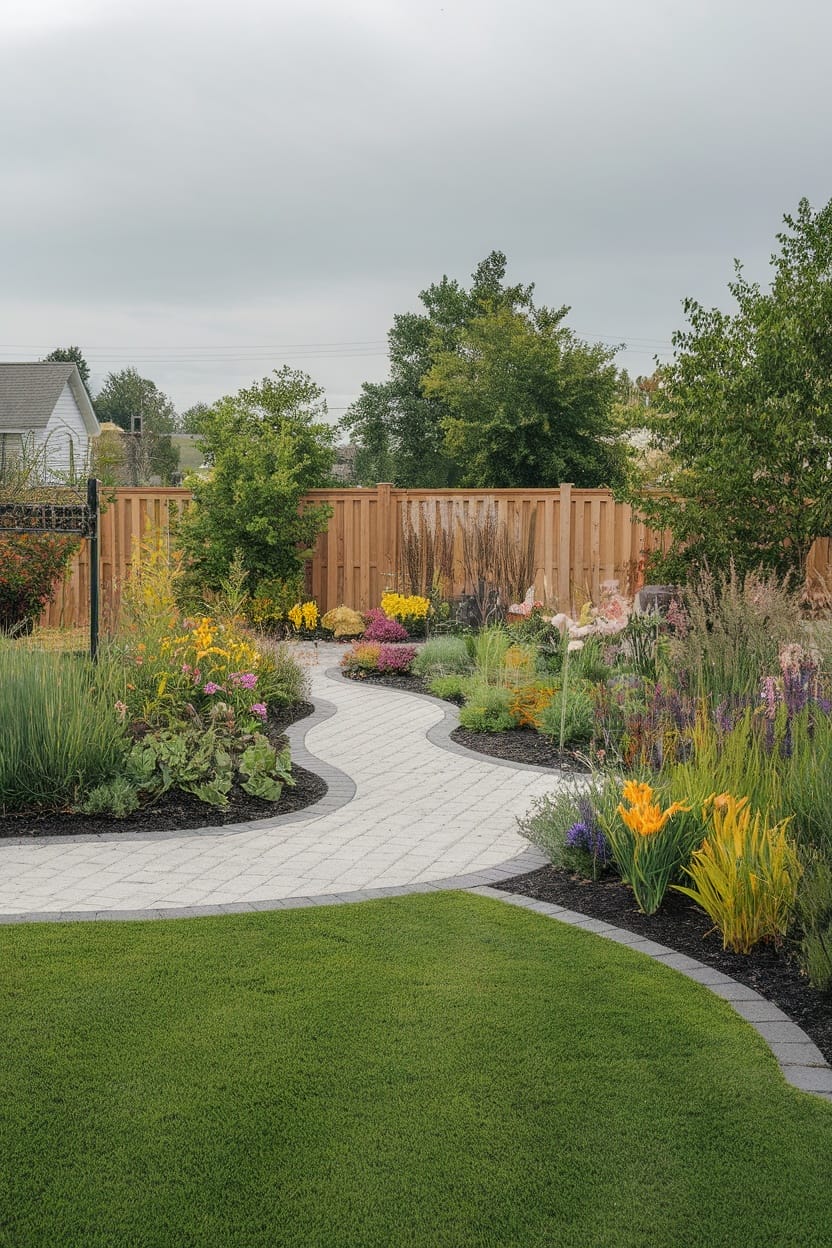 A beautifully landscaped backyard featuring lush green grass and a pathway made of interlocking pavers, surrounded by colorful flowers and greenery.
