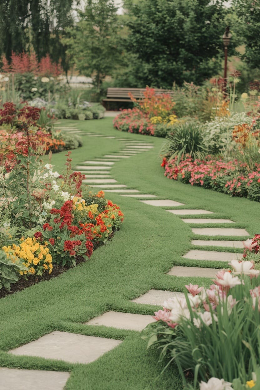 A lush green lawn with stone pathways surrounded by colorful flowers.