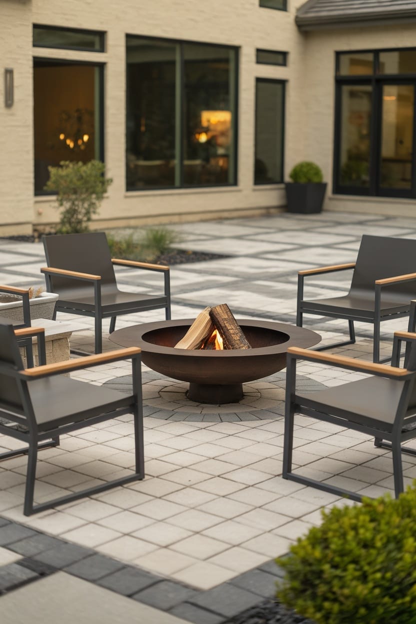 Modern paver patio featuring a fire pit surrounded by chairs and greenery.
