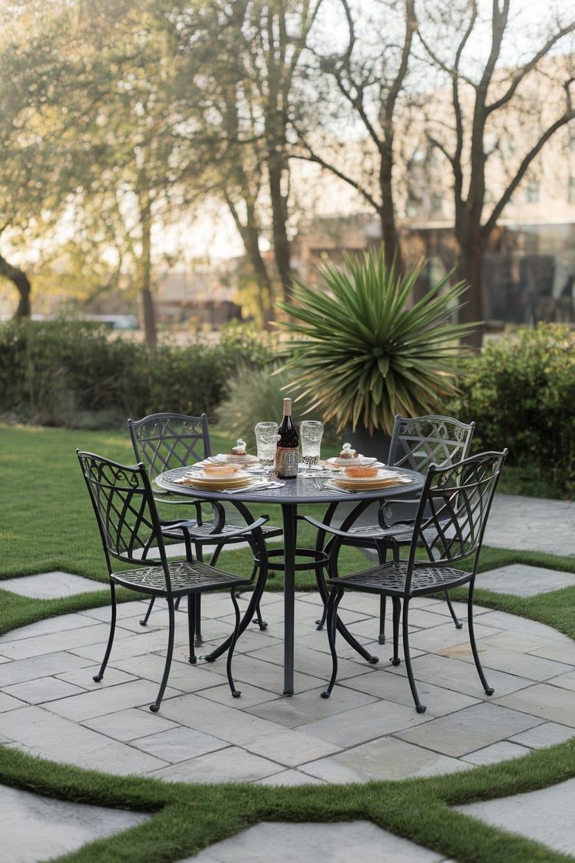Outdoor dining table with paver flooring surrounded by grass and greenery.