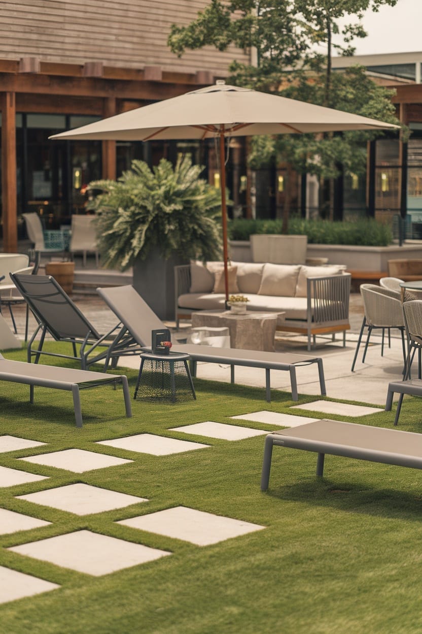 Outdoor lounge area with grass and paver stones, featuring lounge chairs and umbrellas.