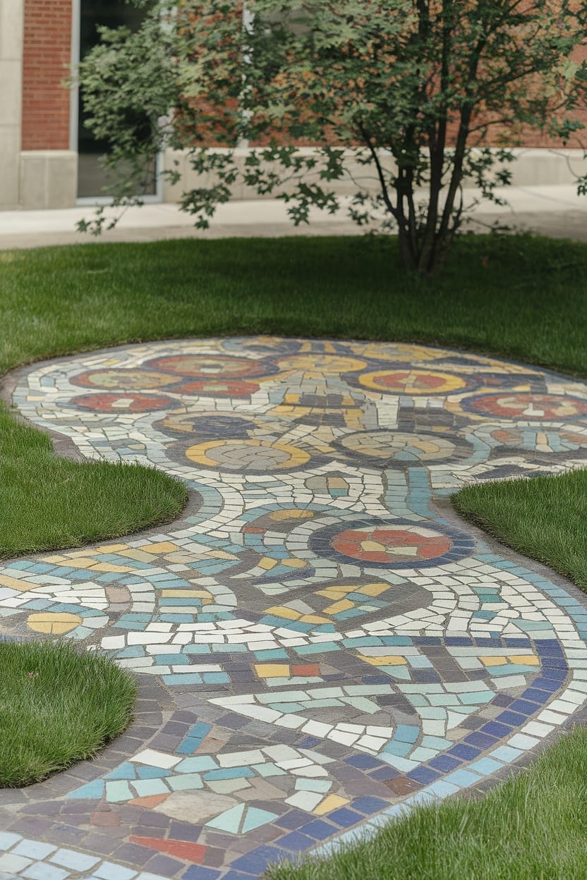 Colorful paver mosaic design on green grass