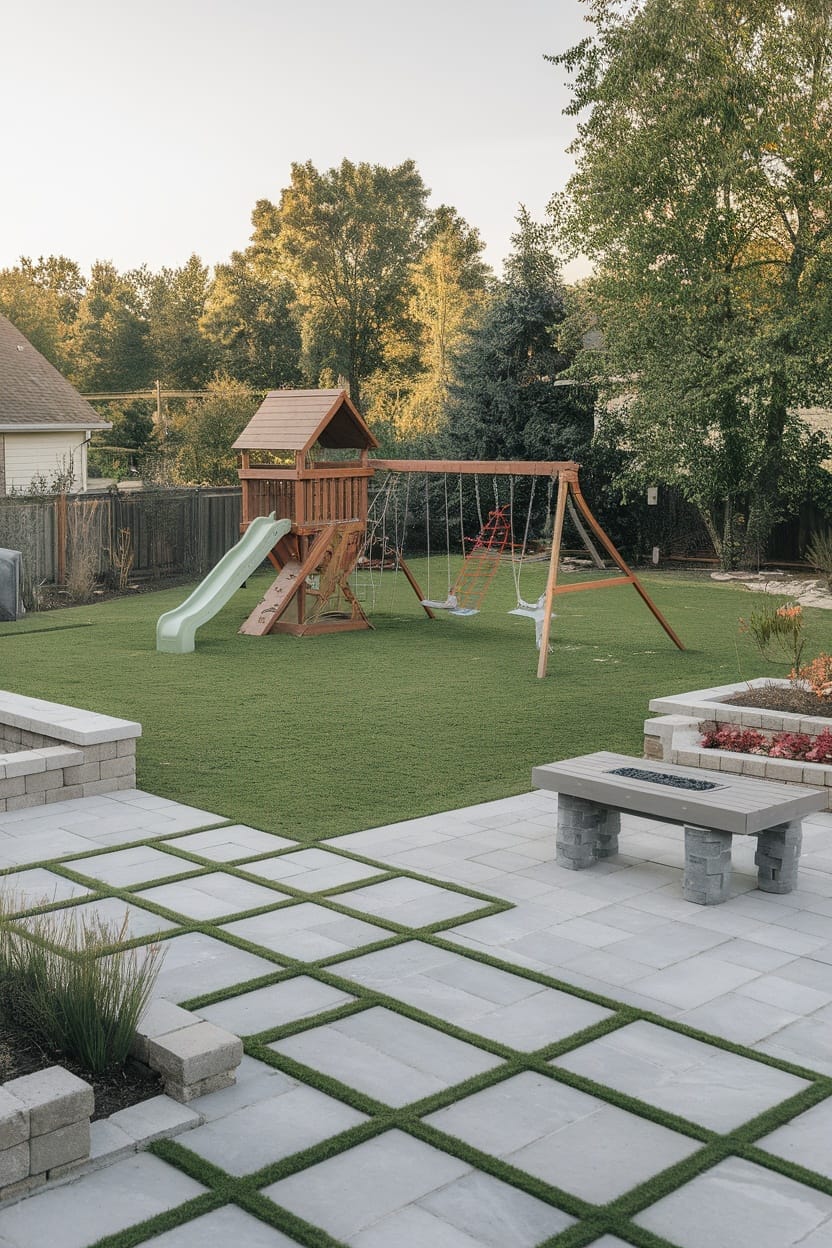 A backyard with a playset, swings, and green grass interspersed with paver pathways.