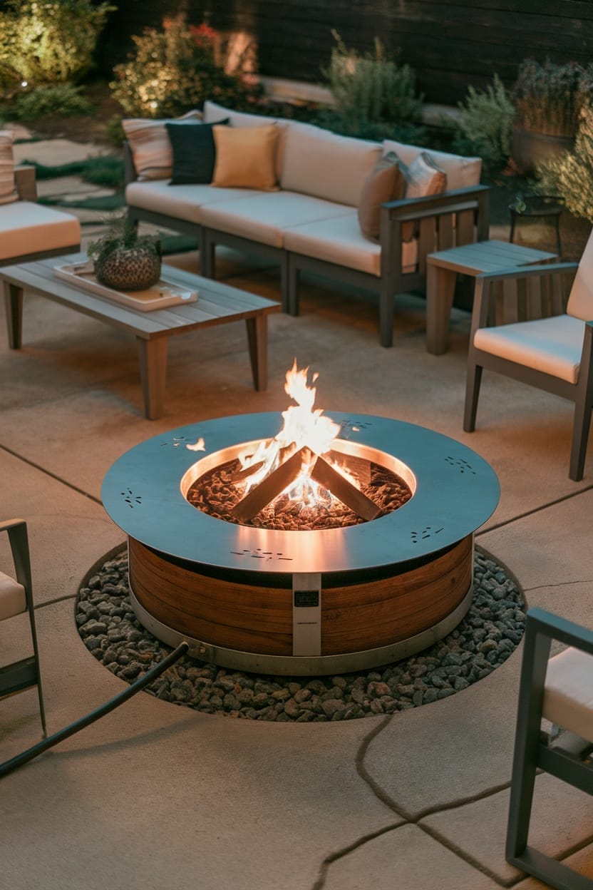 Circular fire pit with a stone base and stainless steel accents, surrounded by four armchairs and a coffee table, ideal for budget-friendly outdoor gatherings.