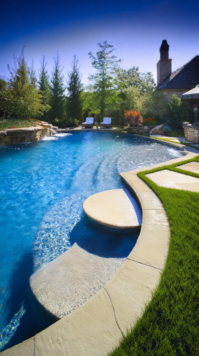 Curved swimming pool with a shallow lounging ledge, pebble finish, stone waterfall, surrounded by manicured grass and shrubs, with lounge chairs nearby.