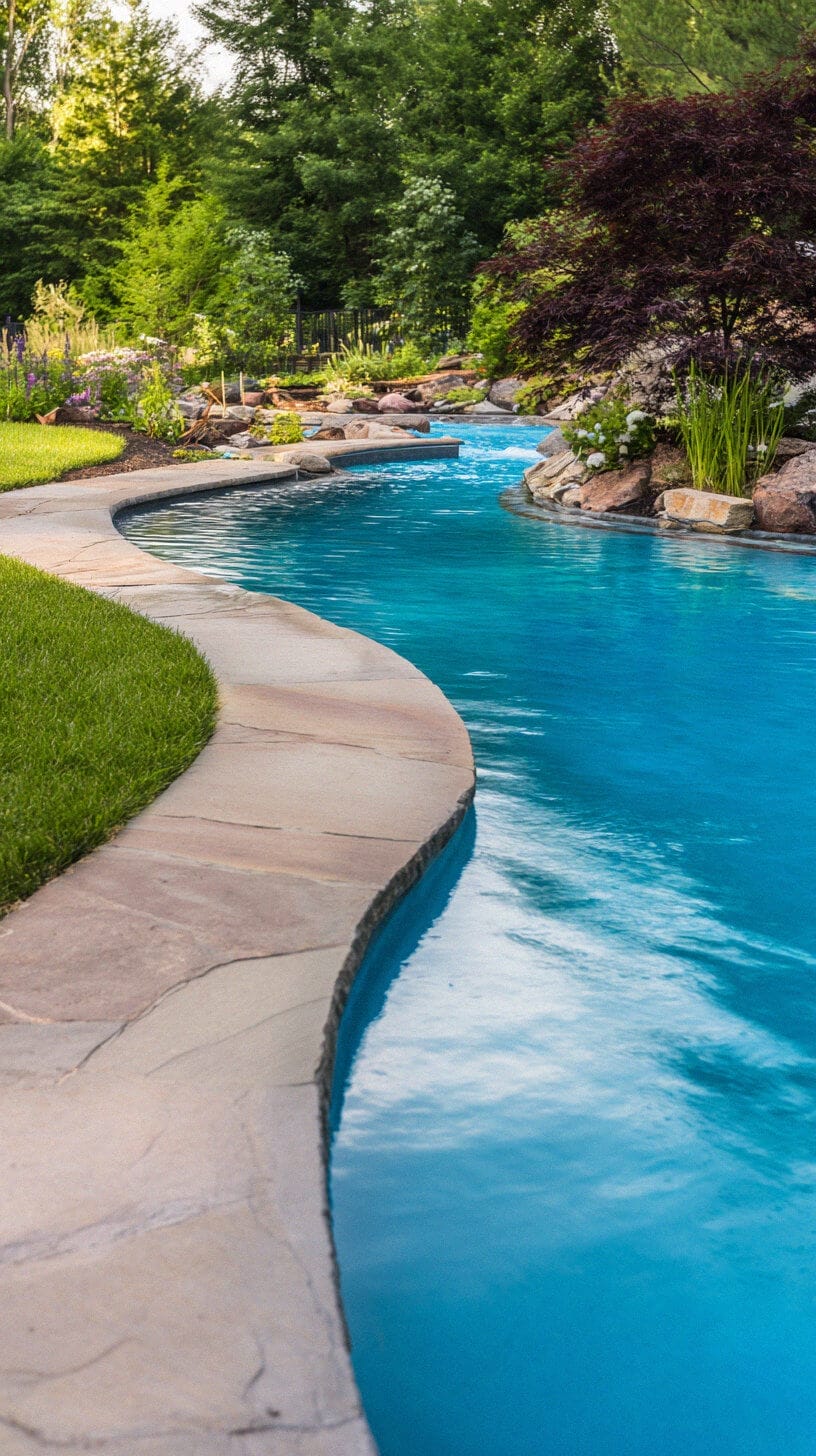 Curvilinear swimming pool with stone coping, surrounded by lush greenery and a Japanese maple, designed for relaxation in a temperate climate.