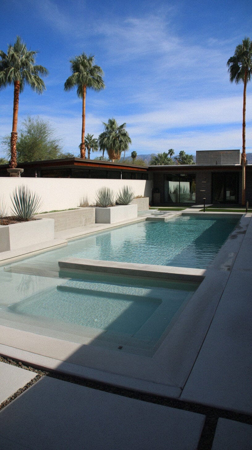 Minimalist swimming pool with clean lines and geometric shapes, surrounded by succulents and palm trees, enhancing the modern aesthetic.
