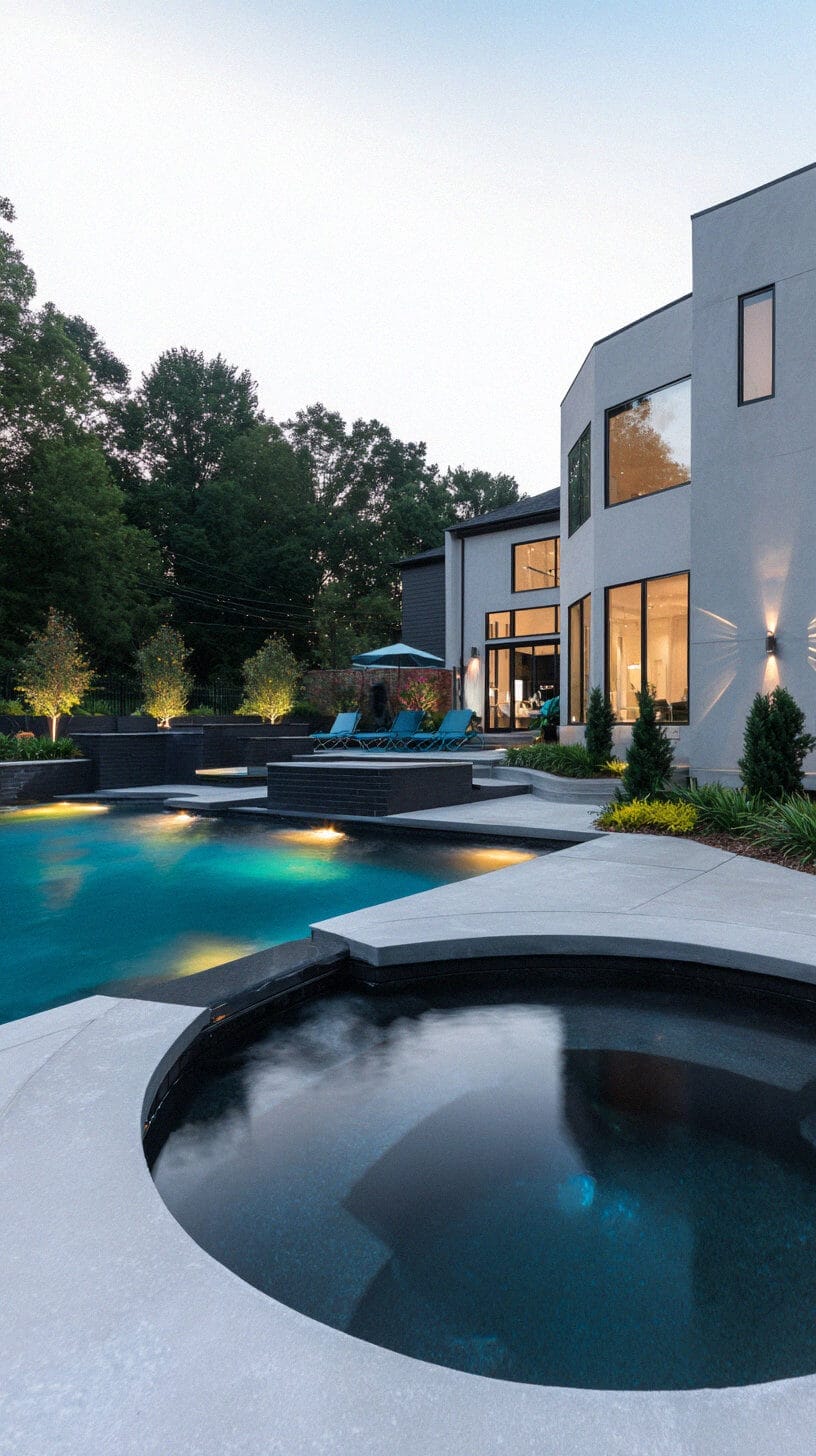 Contemporary swimming pool featuring a geometric design with an in-ground rectangular area and circular hot tub, surrounded by landscaped greenery.