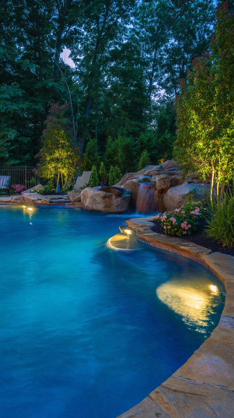 Curved swimming pool with integrated waterfall and flagstone surround, surrounded by lush landscaping and soft evening lighting.