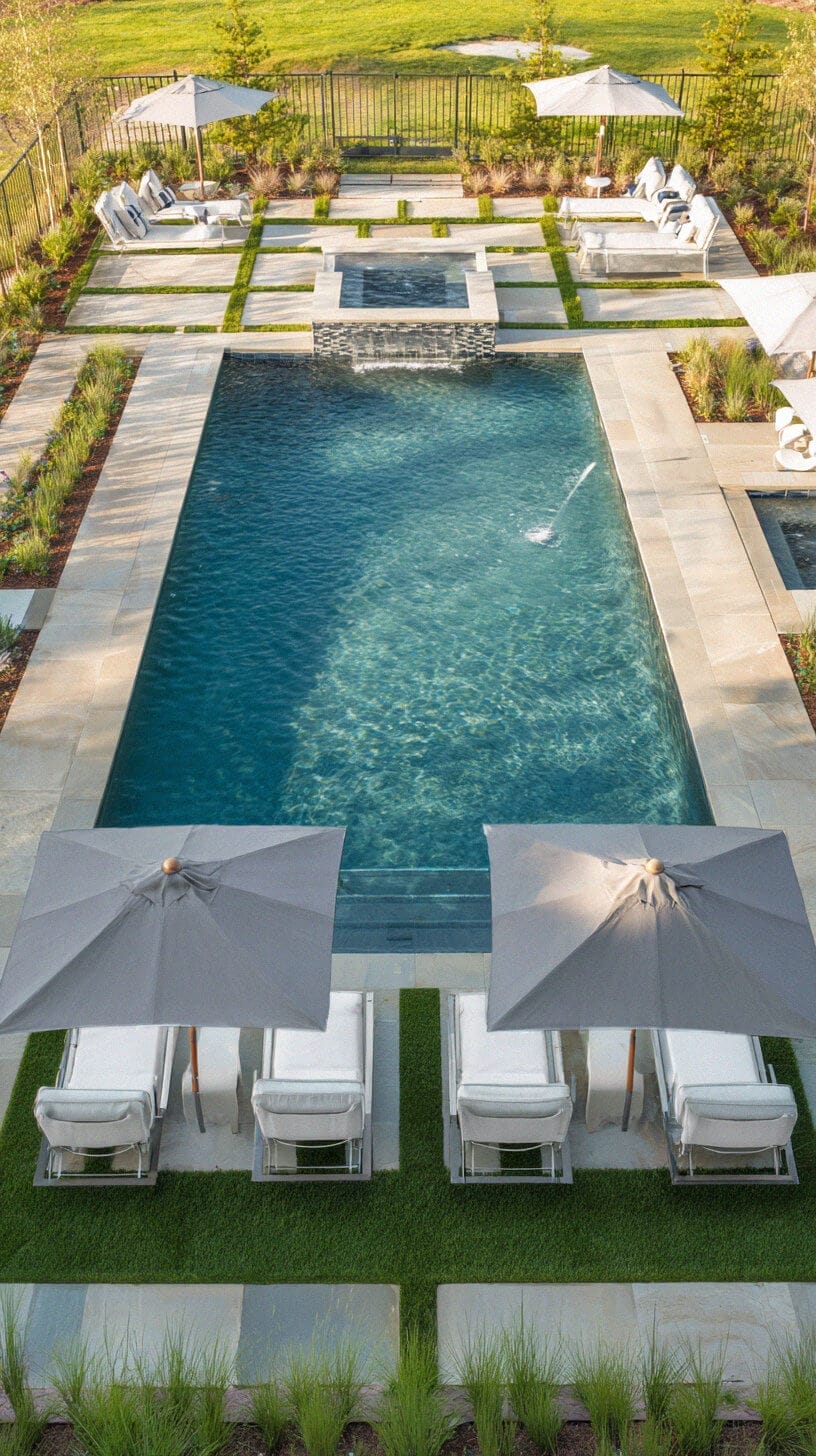 Rectangular swimming pool (15m x 7m) with a hot tub, surrounded by natural stone pavers, lush grass, and shaded loungers under gray umbrellas.